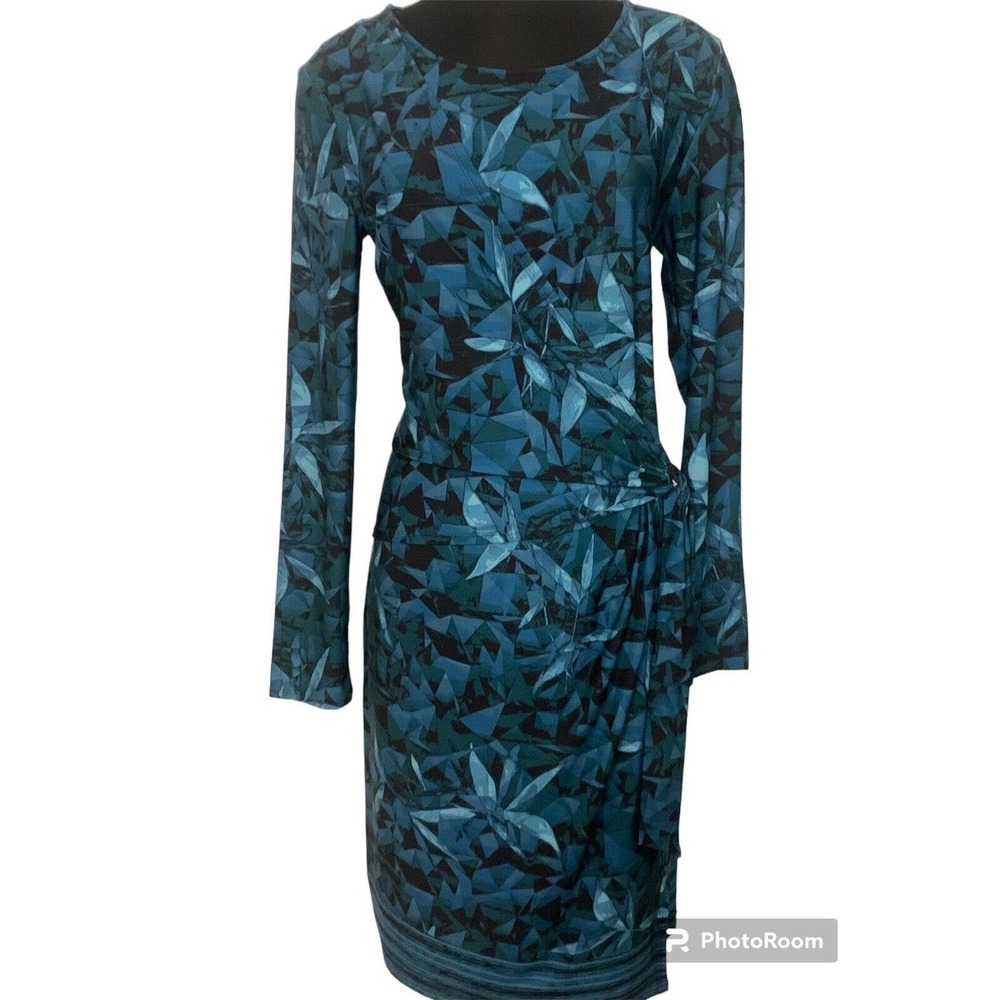 H Halston Teal Geometric Botanical Print Spandex-Jersey Wrap Dress. Size Large